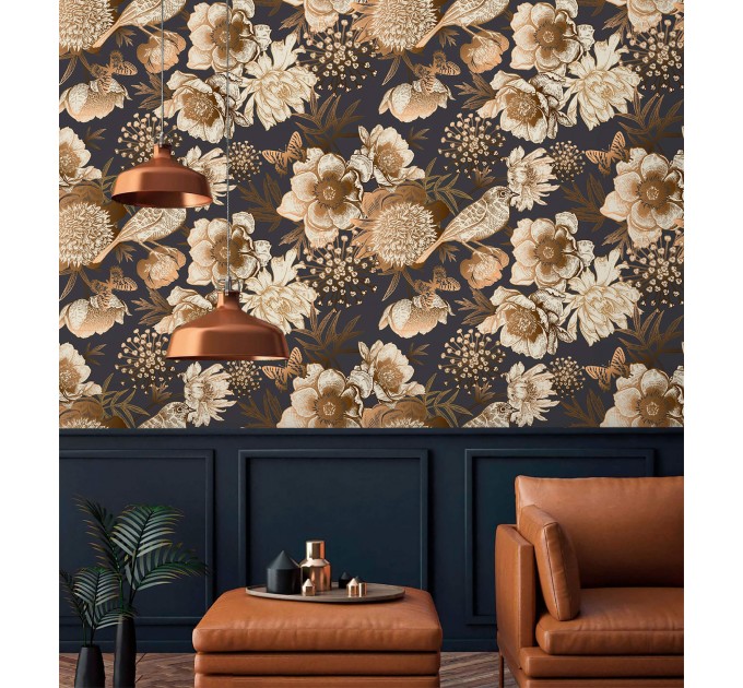 Dark floral wallpaper birds Elegant accent wallpaper