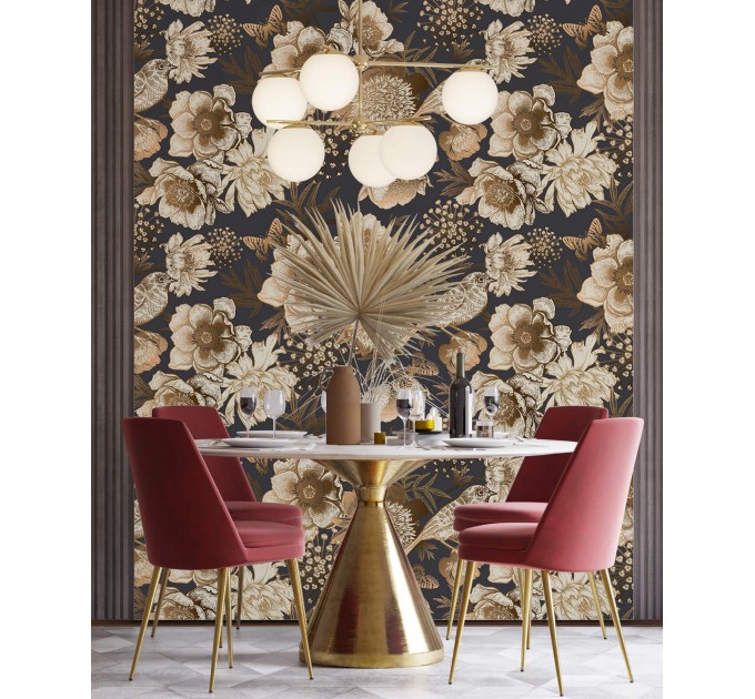 Dark floral wallpaper birds Elegant accent wallpaper