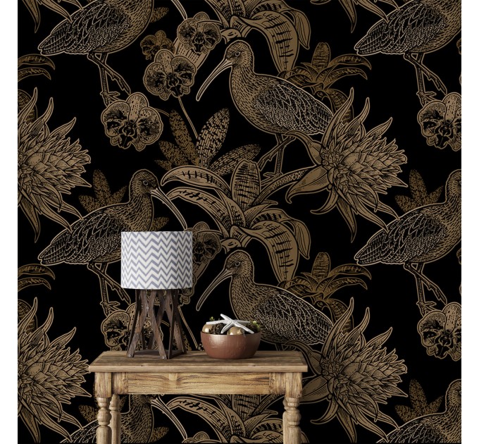 Dark floral wallpaper with birds, vintage style
