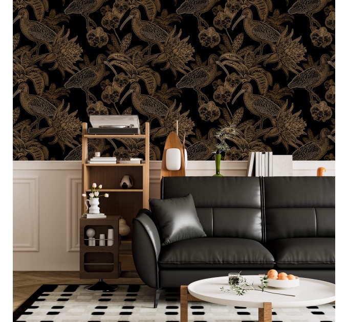 Dark floral wallpaper with birds, vintage style