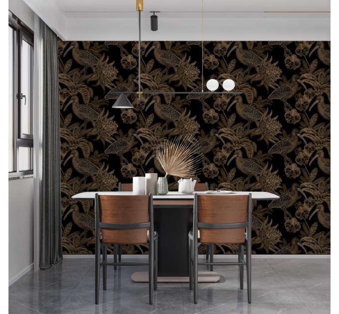 Dark floral wallpaper with birds, vintage style