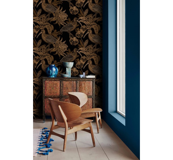 Dark floral wallpaper with birds, vintage style