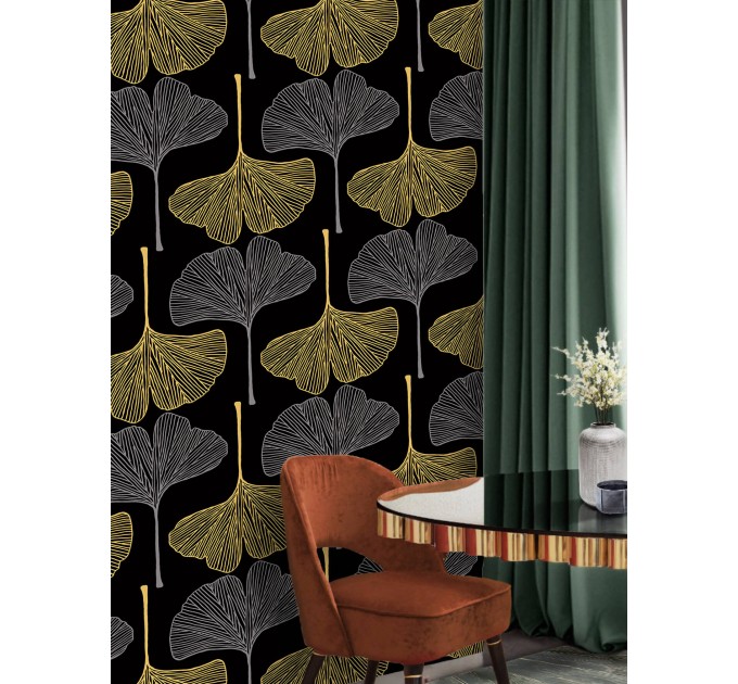 Dark botanical wallpaper with large ginkgo leaves
