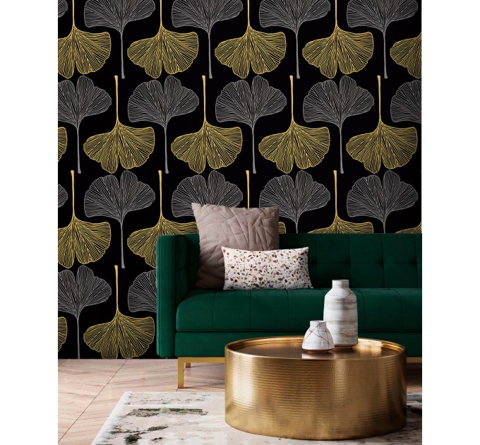 Dark botanical wallpaper with large ginkgo leaves