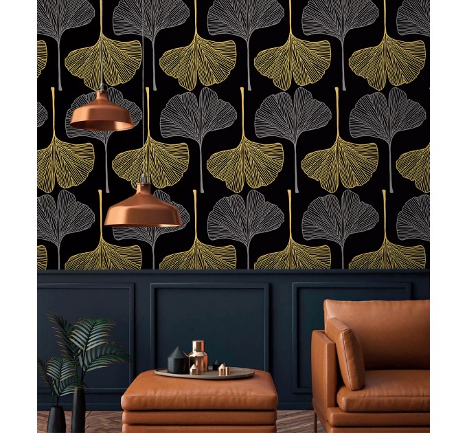 Dark botanical wallpaper with large ginkgo leaves