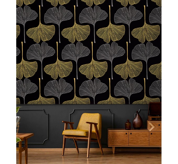 Dark botanical wallpaper with large ginkgo leaves