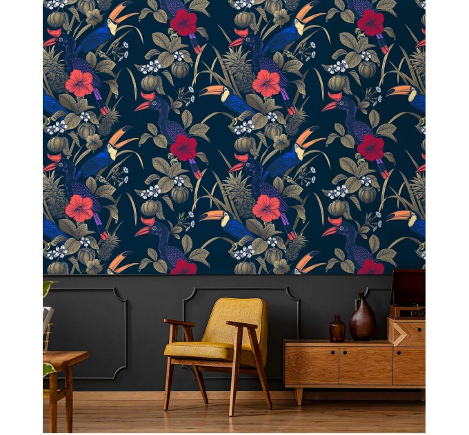 Tropical wallpaper with birds Dark blue maximalist wallpaper