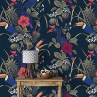 Tropical wallpaper with birds Dark blue maximalist wallpaper