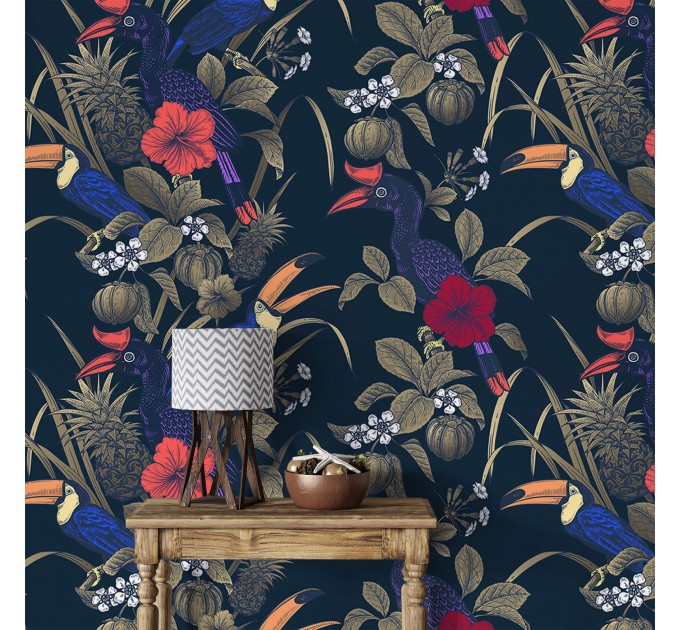 Tropical wallpaper with birds Dark blue maximalist wallpaper