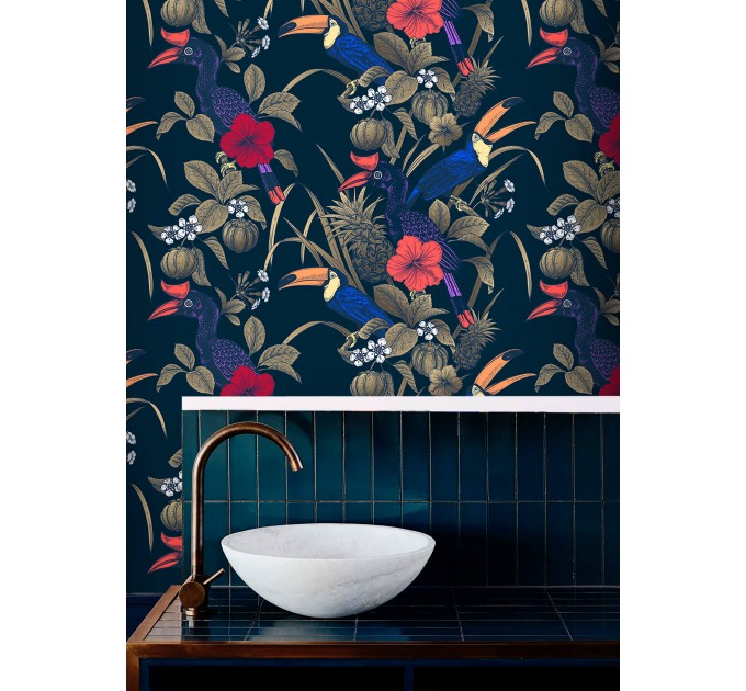 Tropical wallpaper with birds Dark blue maximalist wallpaper