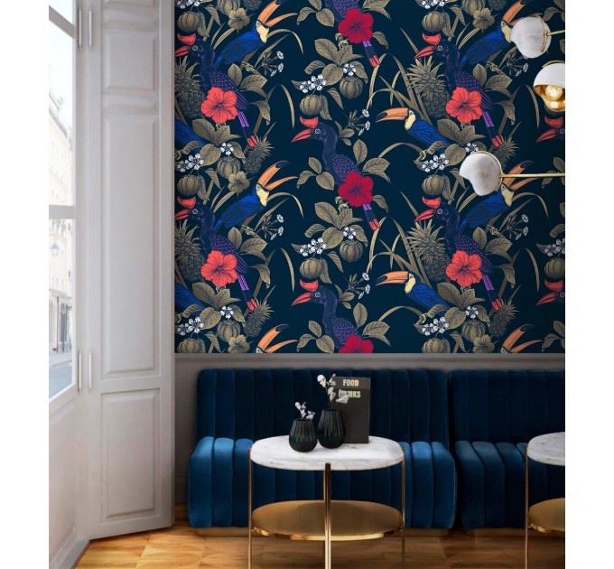 Tropical wallpaper with birds Dark blue maximalist wallpaper