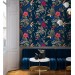 Tropical wallpaper with birds Dark blue maximalist wallpaper