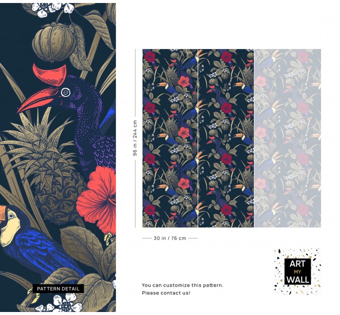 Tropical wallpaper with birds Dark blue maximalist wallpaper