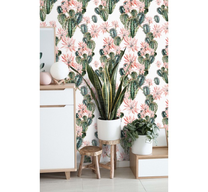 Cactus wallpaper, watercolor flowers accent wallpaper