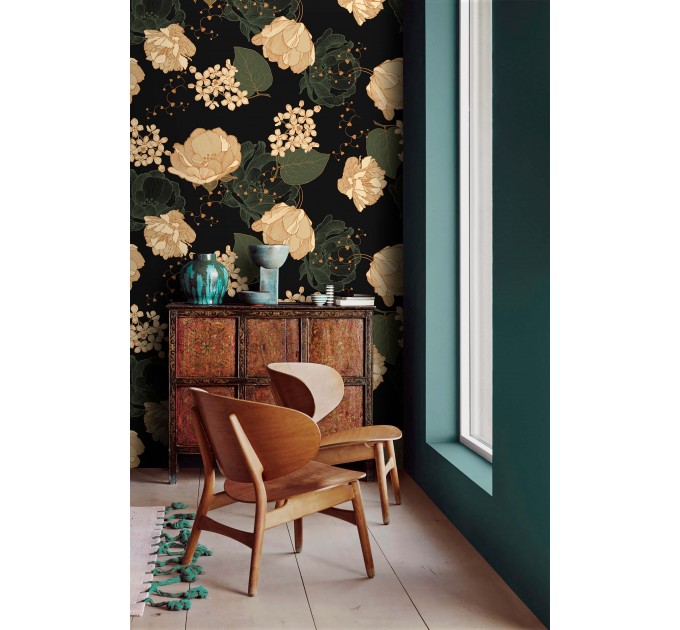 Dark floral wallpaper, moody flowers and leaves
