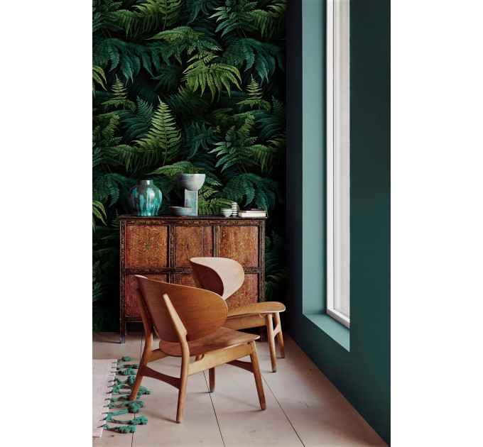 Dark green wallpaper lush fern leaves