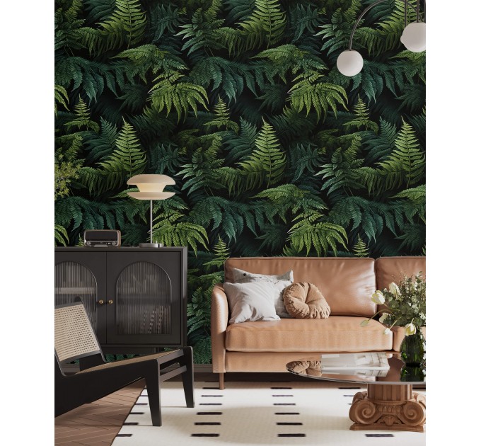 Dark green wallpaper lush fern leaves