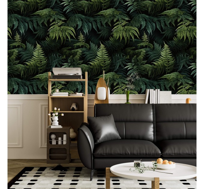 Dark green wallpaper lush fern leaves