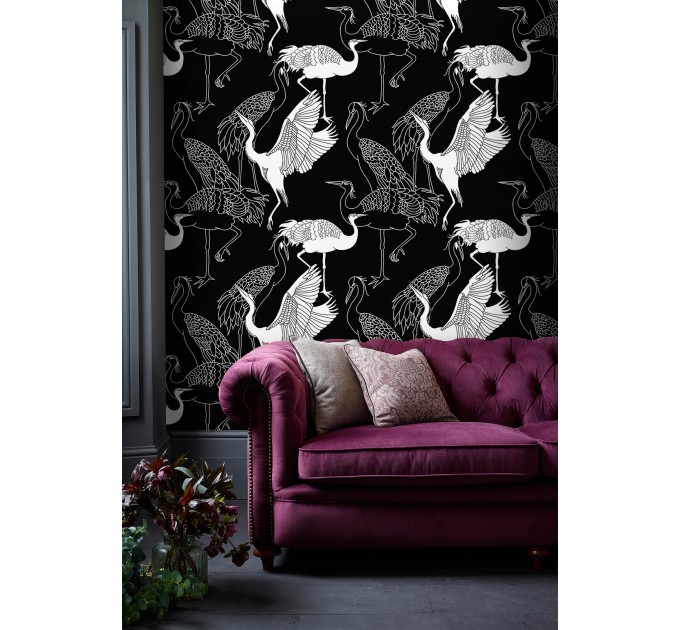Black wallpaper cranes, Japanese style acent wall