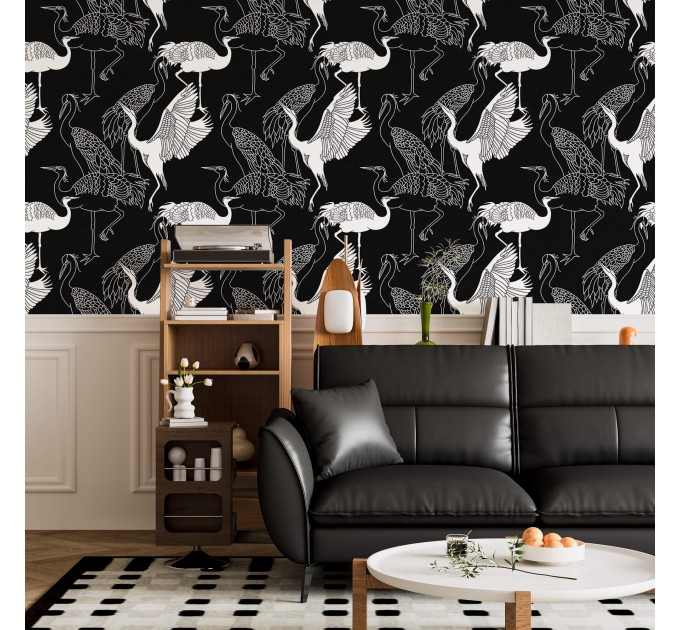 Black wallpaper cranes, Japanese style acent wall