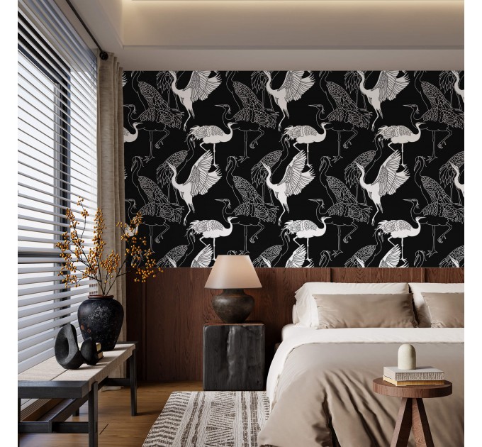 Black wallpaper cranes, Japanese style acent wall