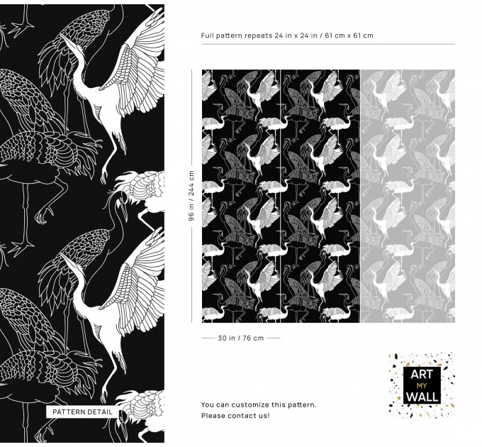 Black wallpaper cranes, Japanese style acent wall