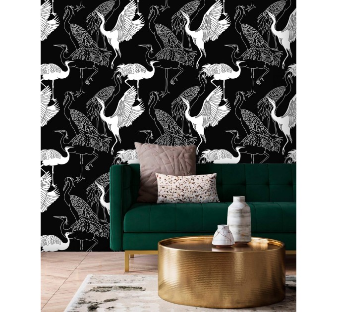 Black wallpaper cranes, Japanese style acent wall