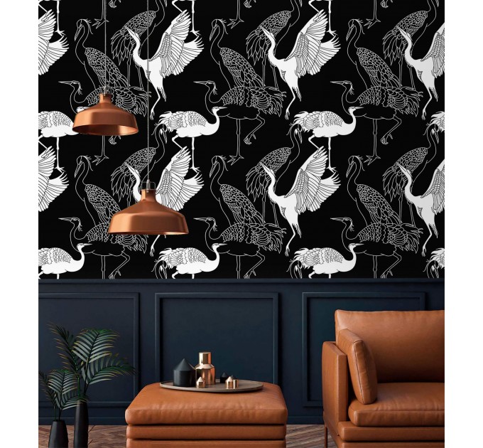Black wallpaper cranes, Japanese style acent wall