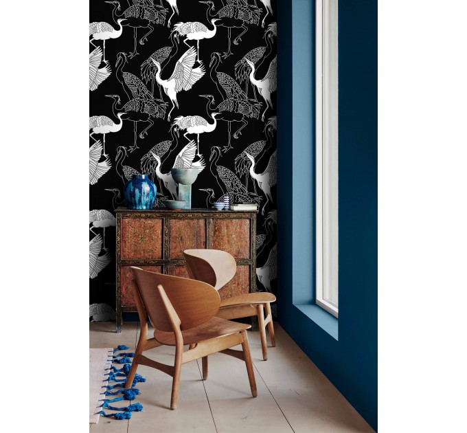 Black wallpaper cranes, Japanese style acent wall