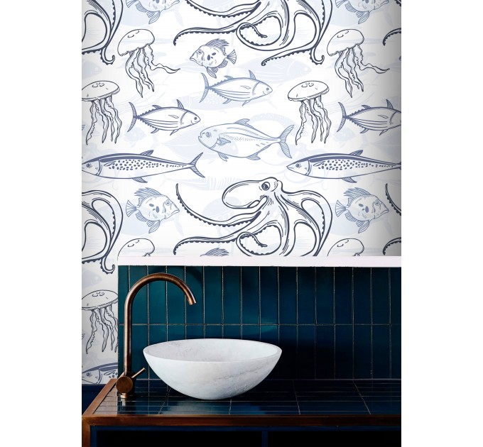 Nautical wallpaper fish Peel and stick removable accent wallpaper