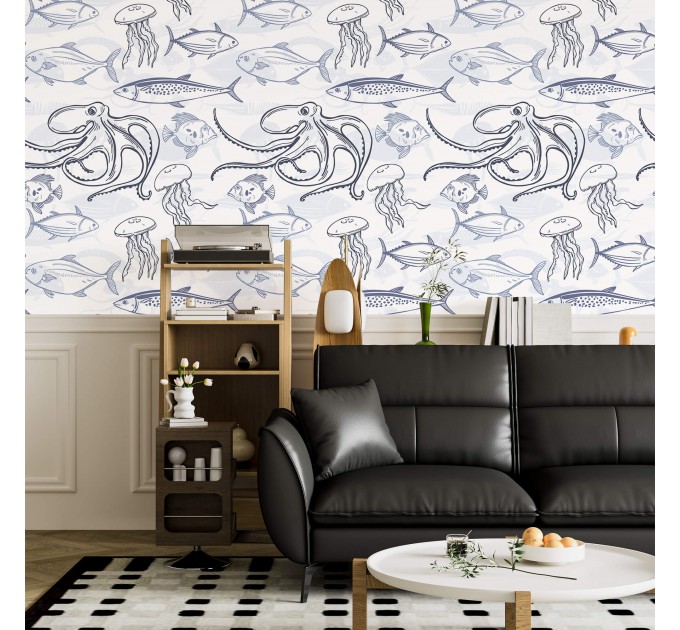 Nautical wallpaper fish Peel and stick removable accent wallpaper
