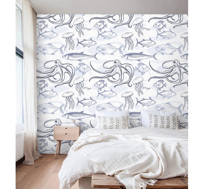 Nautical wallpaper fish Peel and stick removable accent wallpaper