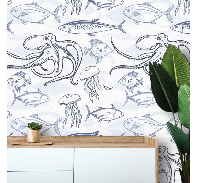 Nautical wallpaper fish Peel and stick removable accent wallpaper