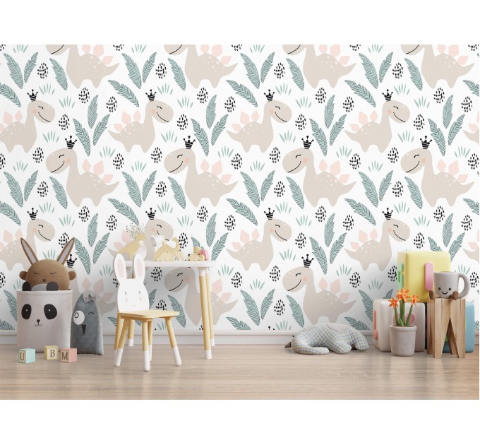 Girls nursery dinosaur wallpaper, pastel colors accent wall
