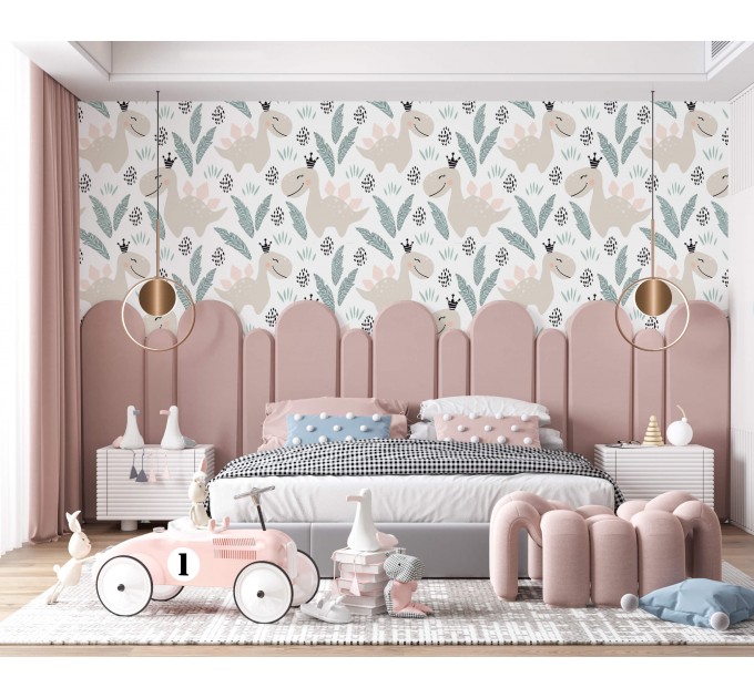 Girls nursery dinosaur wallpaper, pastel colors accent wall