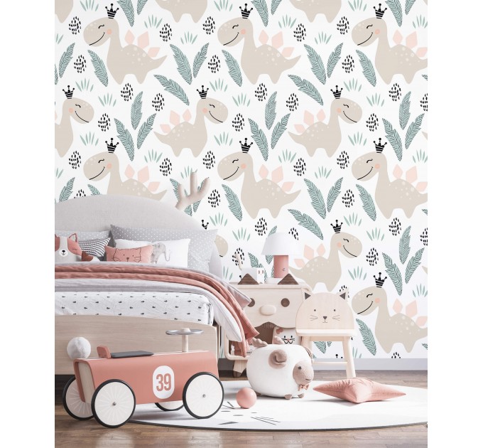 Girls nursery dinosaur wallpaper, pastel colors accent wall