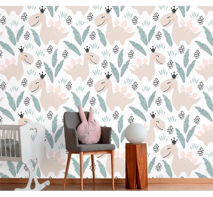 Girls nursery dinosaur wallpaper, pastel colors accent wall