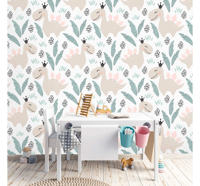 Girls nursery dinosaur wallpaper, pastel colors accent wall