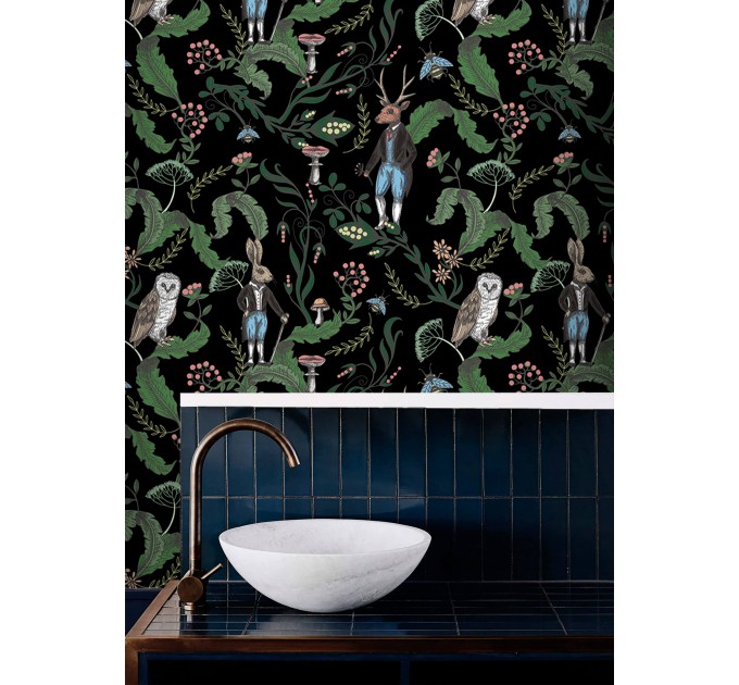 Dark botanical wallpaper Forest animals