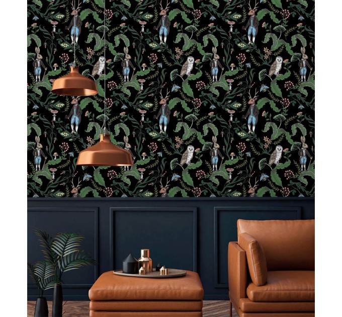 Dark botanical wallpaper Forest animals