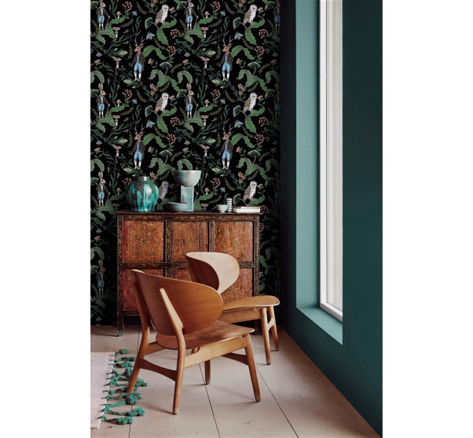 Dark botanical wallpaper Forest animals