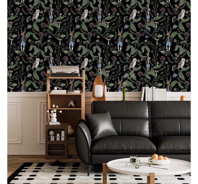 Dark botanical wallpaper Forest animals