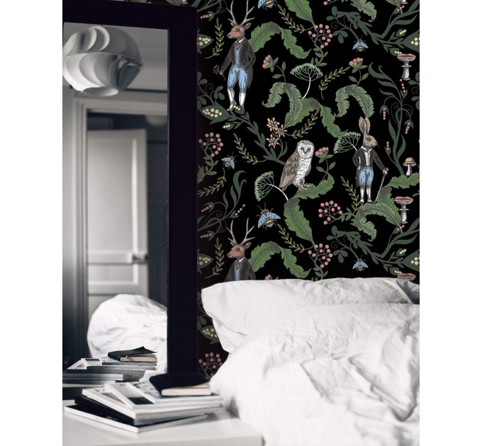 Dark botanical wallpaper Forest animals