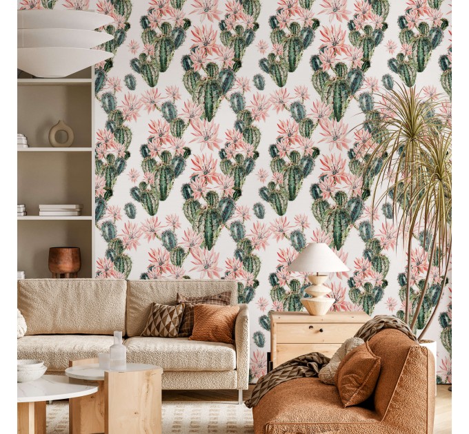 Cactus wallpaper, watercolor flowers accent wallpaper