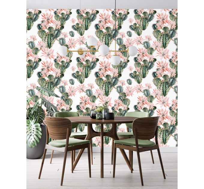 Cactus wallpaper, watercolor flowers accent wallpaper