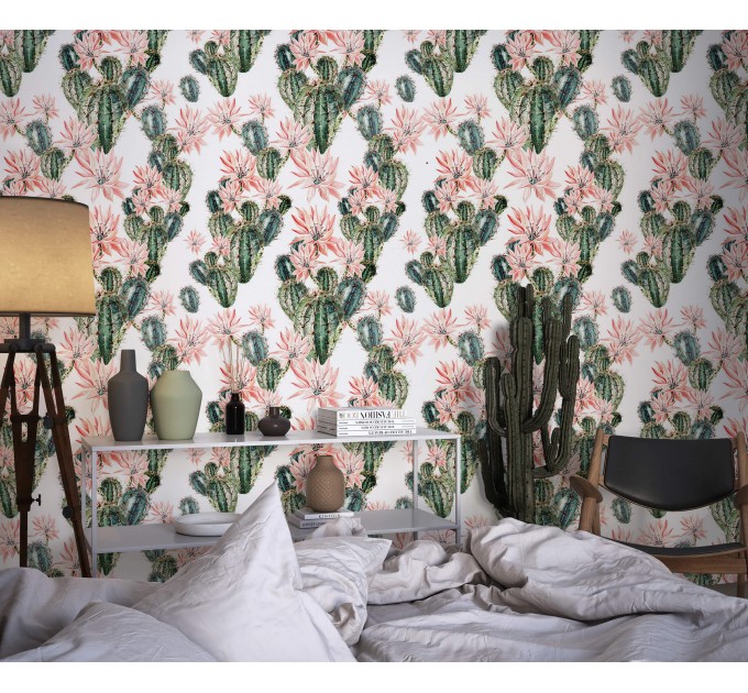 Cactus wallpaper, watercolor flowers accent wallpaper