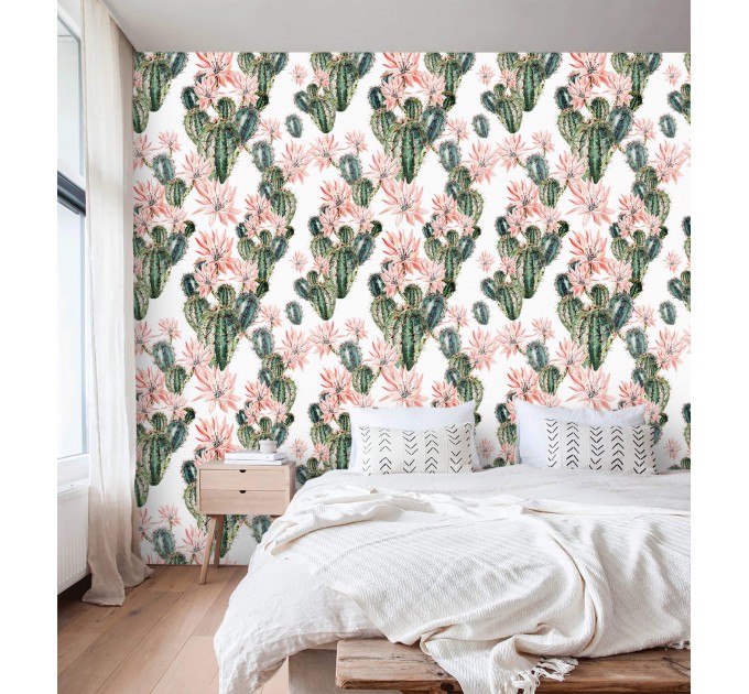 Cactus wallpaper, watercolor flowers accent wallpaper
