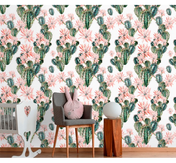 Cactus wallpaper, watercolor flowers accent wallpaper