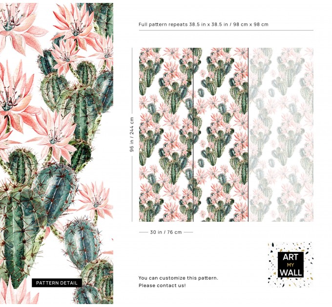 Cactus wallpaper, watercolor flowers accent wallpaper