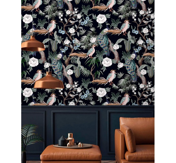 Dark floral wallpaper with peacocks | Birds accent wall